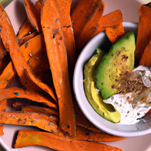 Crispy Sweet Potato Fries Paired with Creamy Avocado Dip