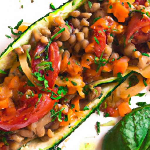 Savor Zucchini Boats filled with Hearty Lentil Tomato Mix